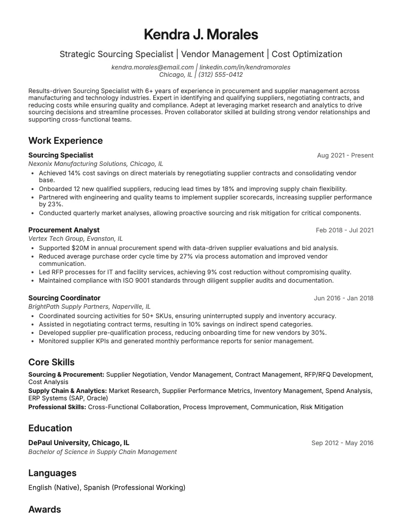 Sourcing Specialist Resume Example