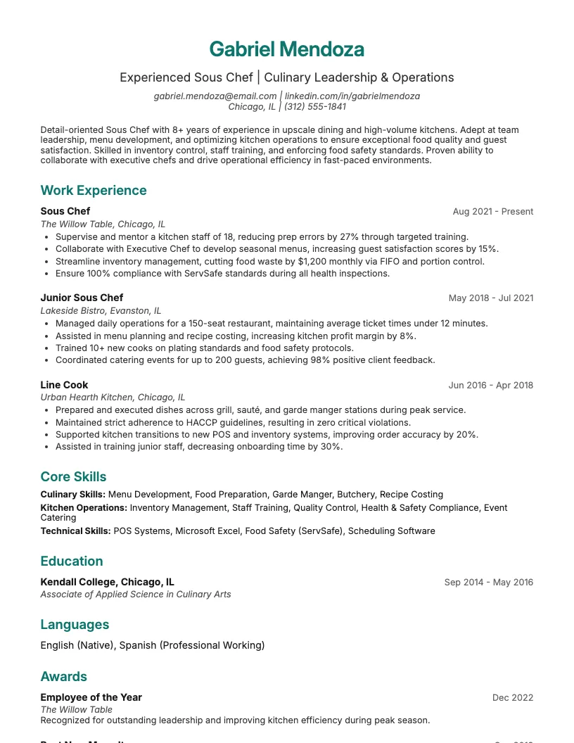 Sous Chef Resume Example
