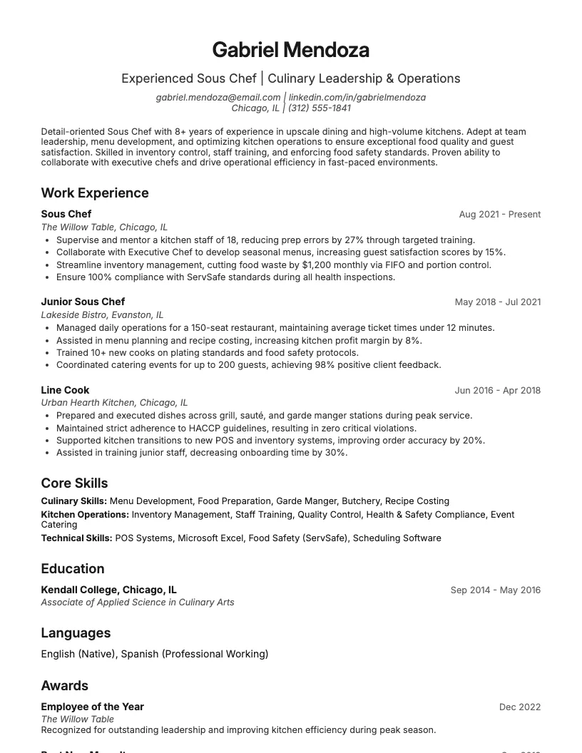 Sous Chef Resume Example