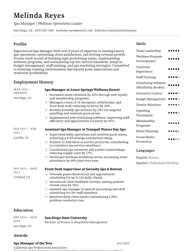 Spa Manager Resume Example