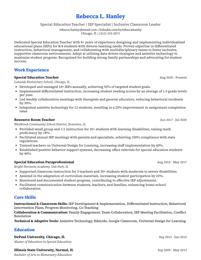 Special Education Teacher Resume Example