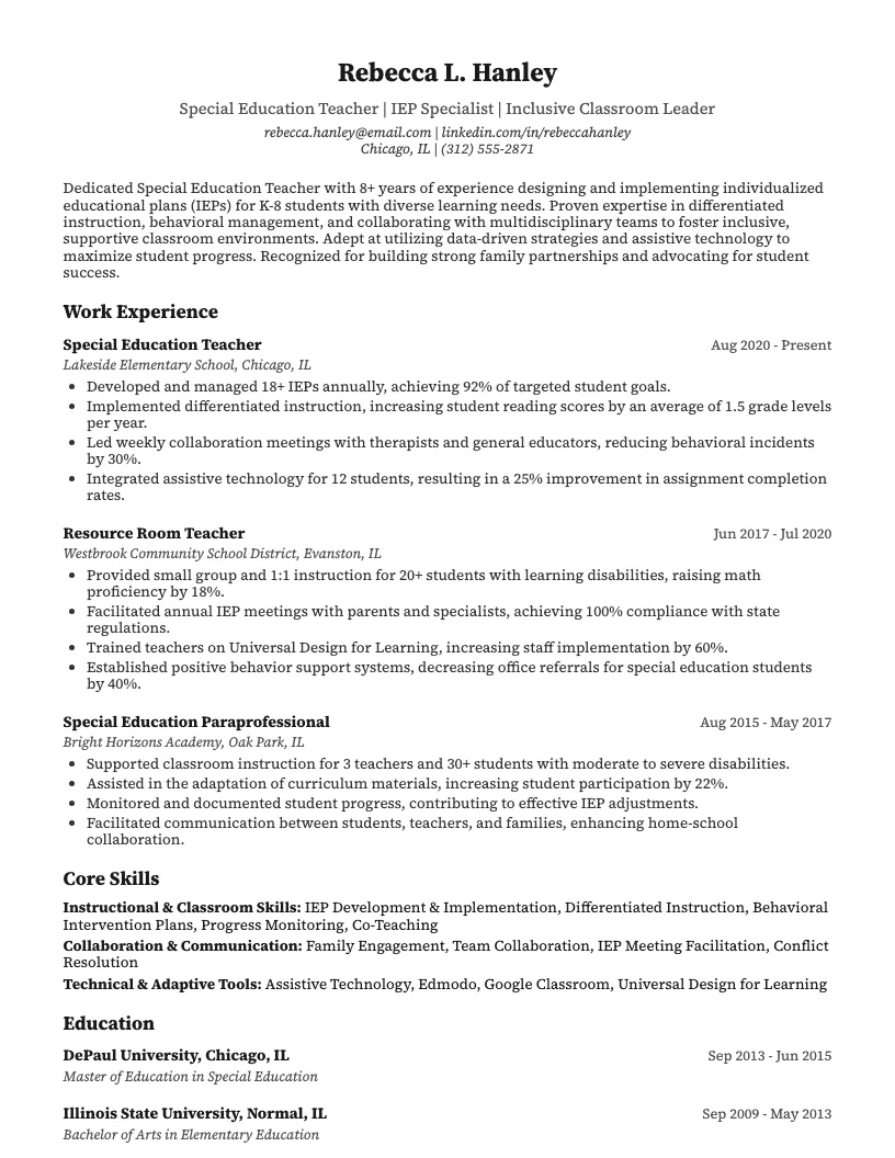 Special Education Teacher Resume Example