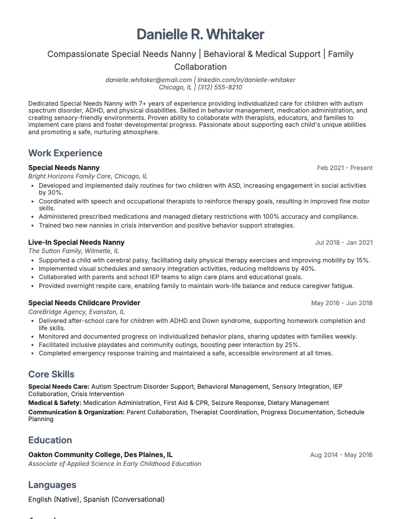 Special Needs Nanny Resume Example