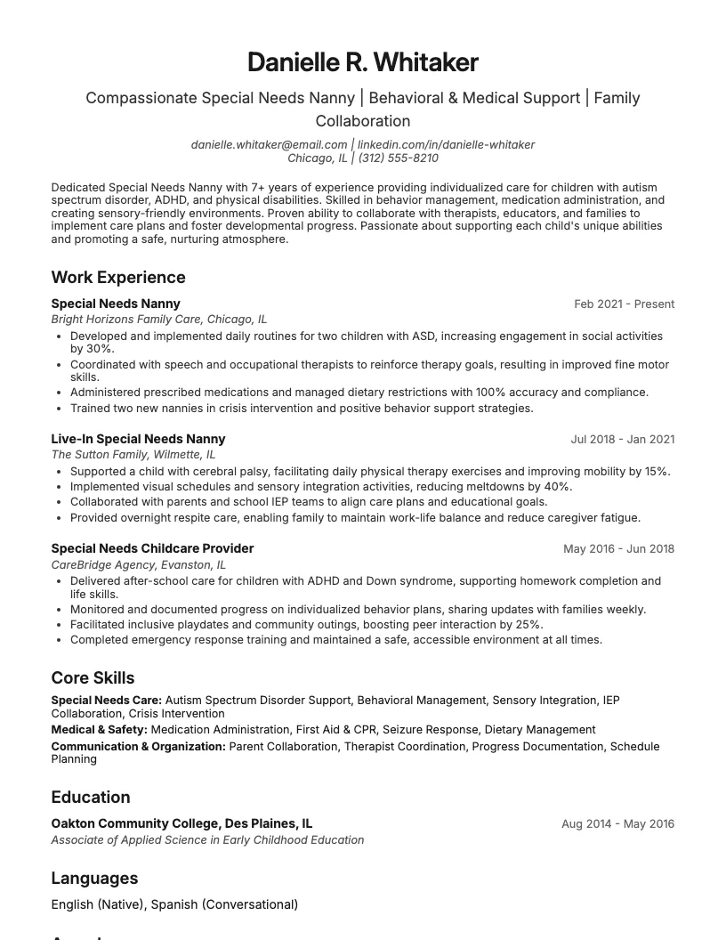 Special Needs Nanny Resume Example