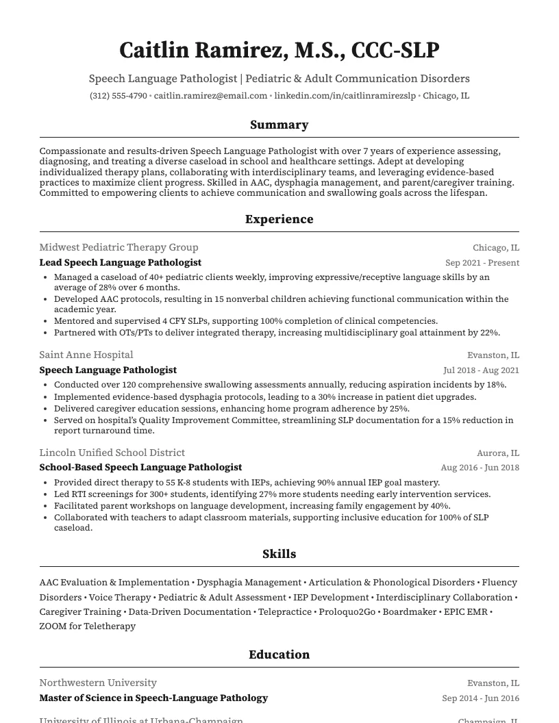 Speech Language Pathologist Resume Example