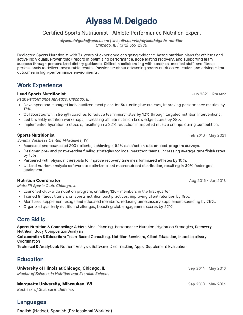 Sports Nutritionist Resume Example