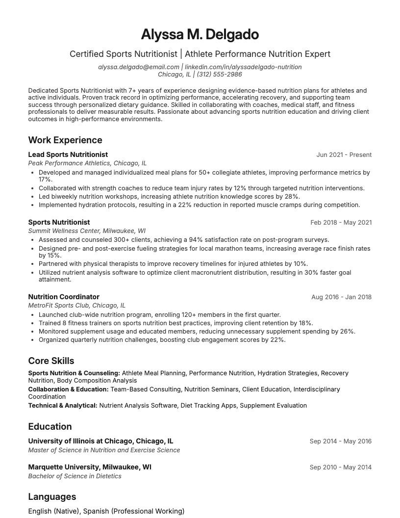 Sports Nutritionist Resume Example