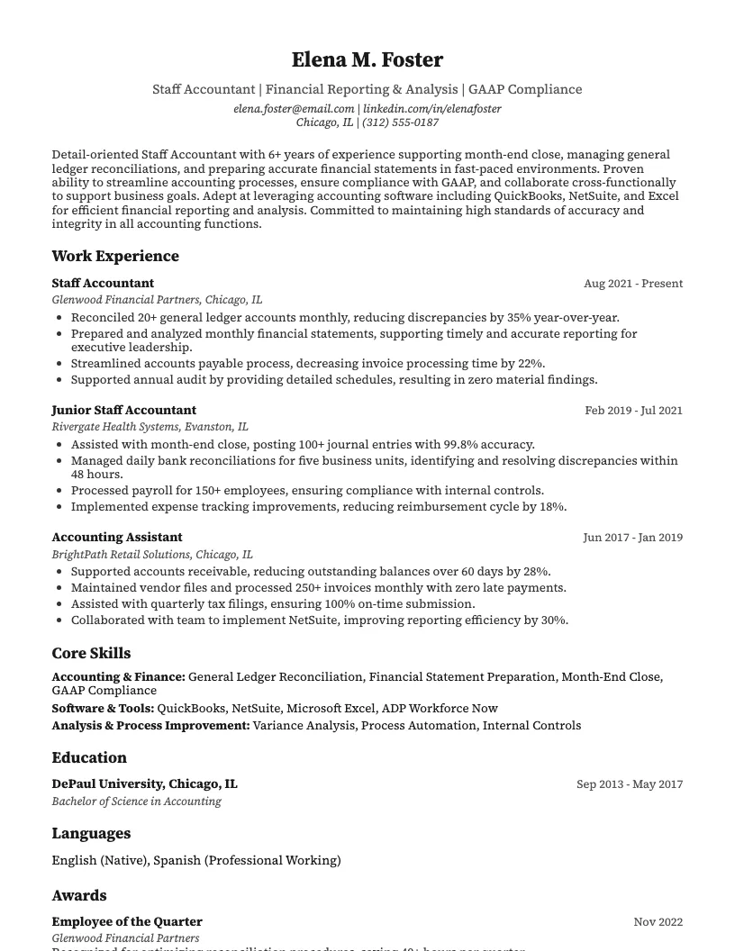 Staff Accountant Resume Example