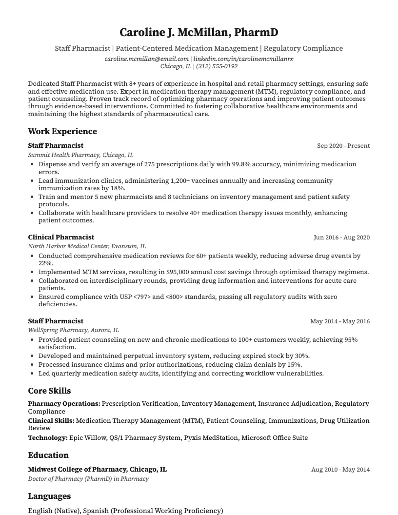 Staff Pharmacist Resume Example