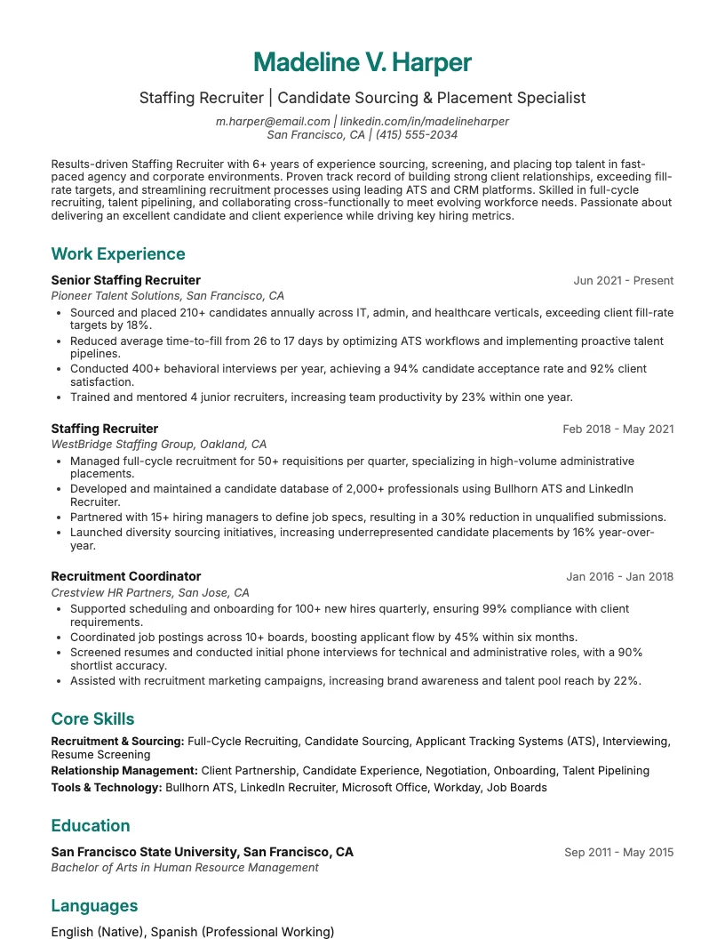 Staffing Recruiter Resume Example