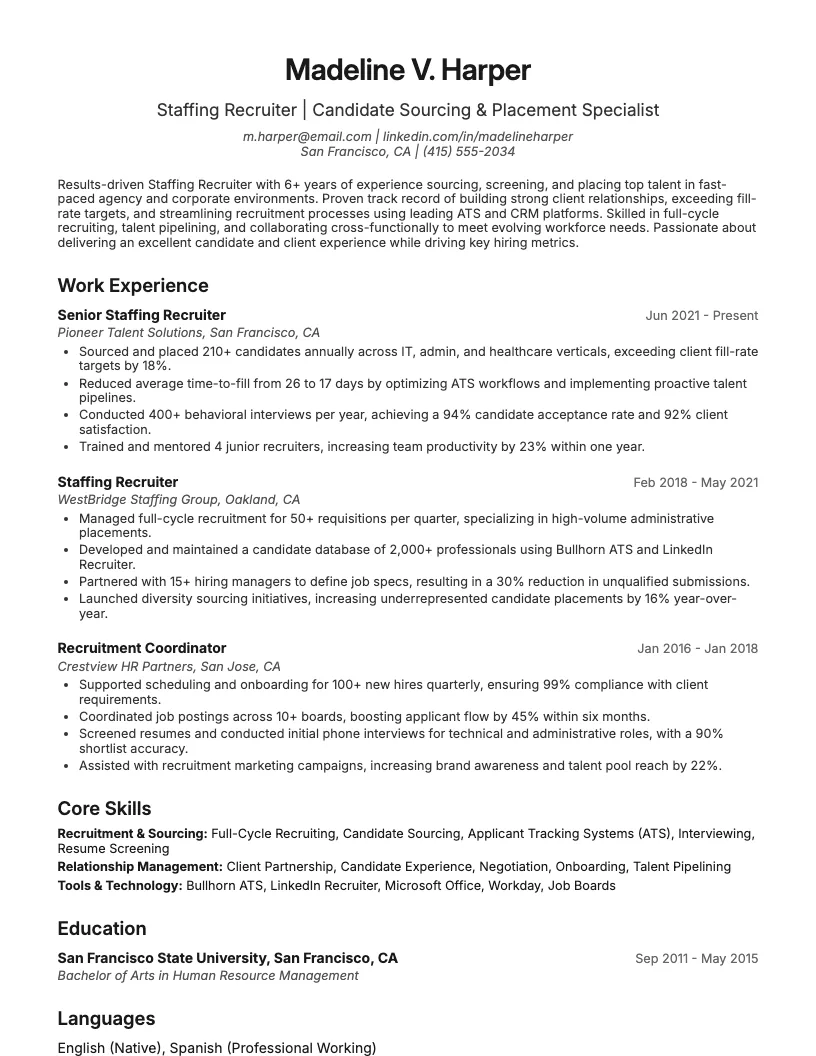 Staffing Recruiter Resume Example