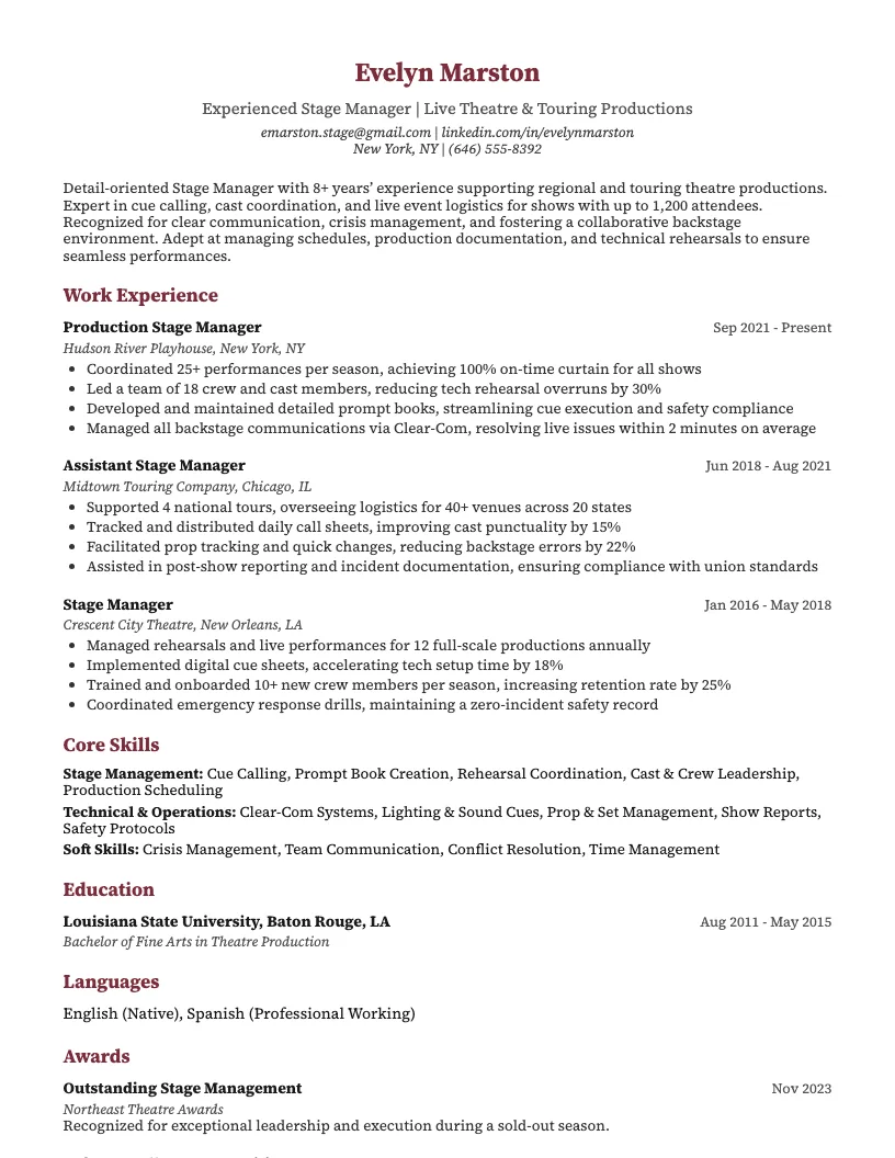 Stage Manager Resume Example