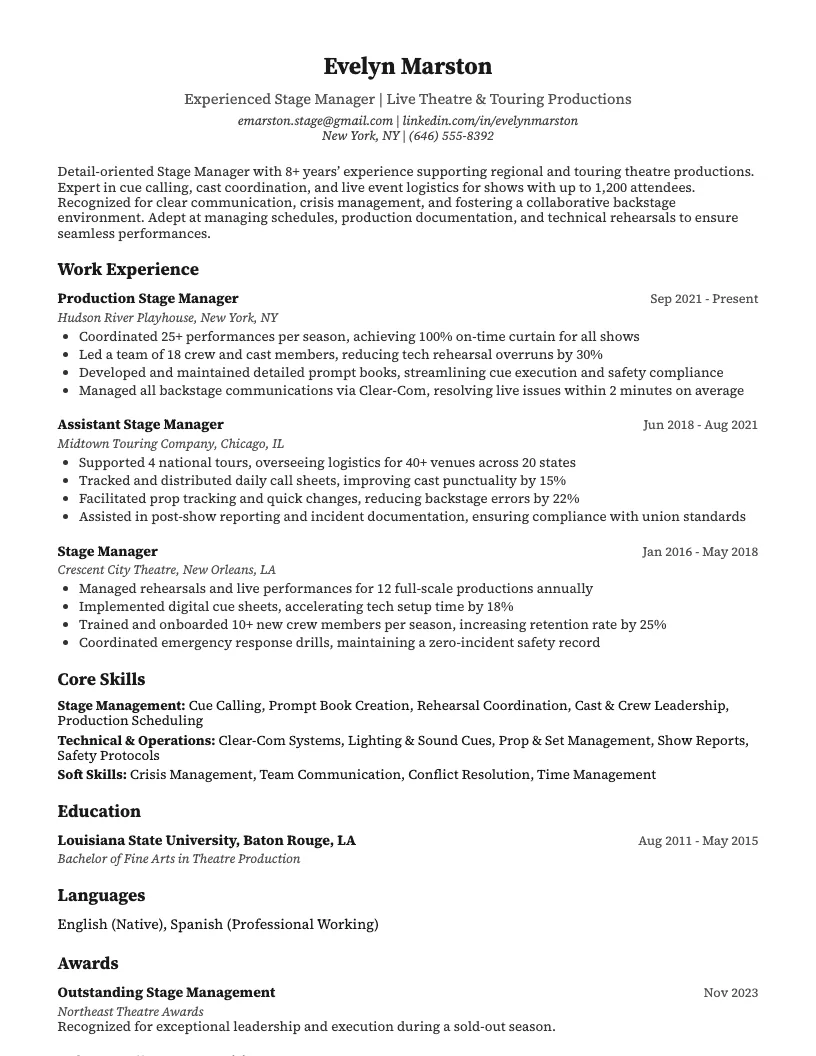 Stage Manager Resume Example