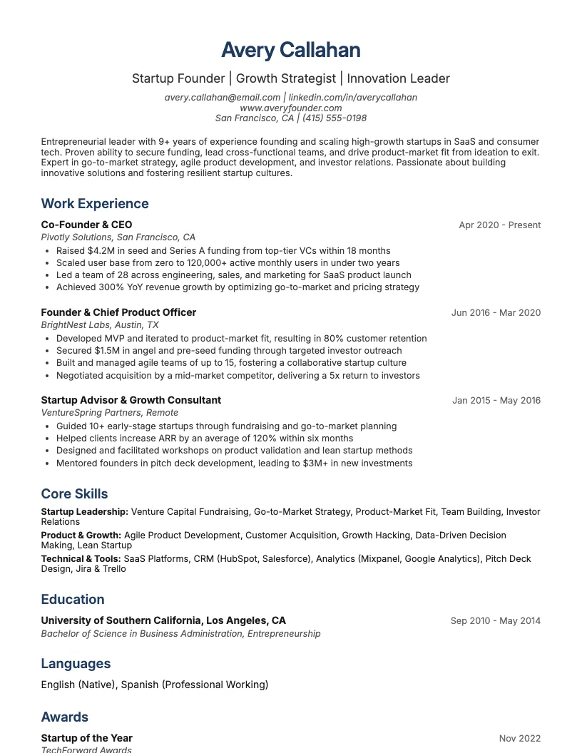 Startup Founder Resume Example