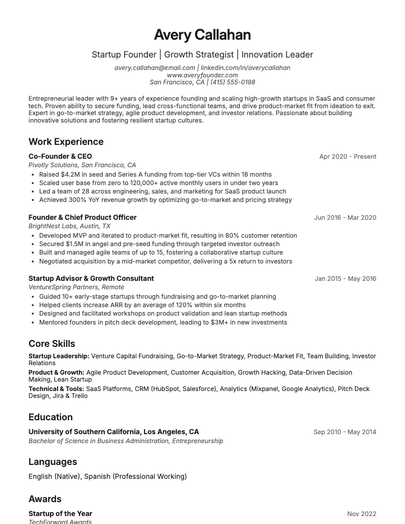 Startup Founder Resume Example