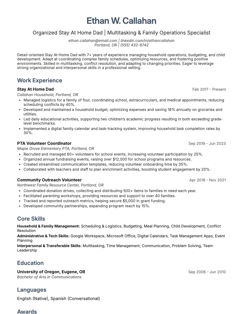 Work From Home Dad Resume Example