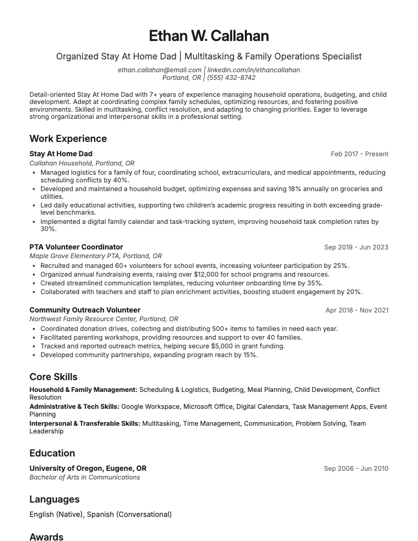 Stay At Home Dad Resume Example