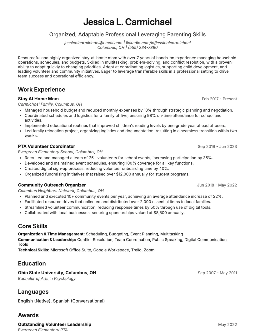 Stay At Home Mom Resume Example