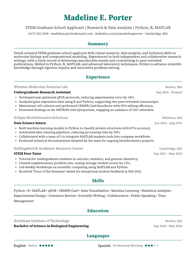 Stem Graduate School Applicant Resume Example