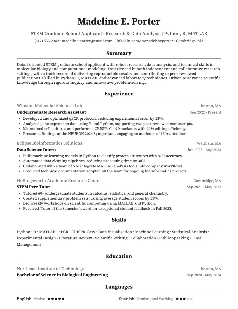 Stem Graduate School Applicant Resume Example
