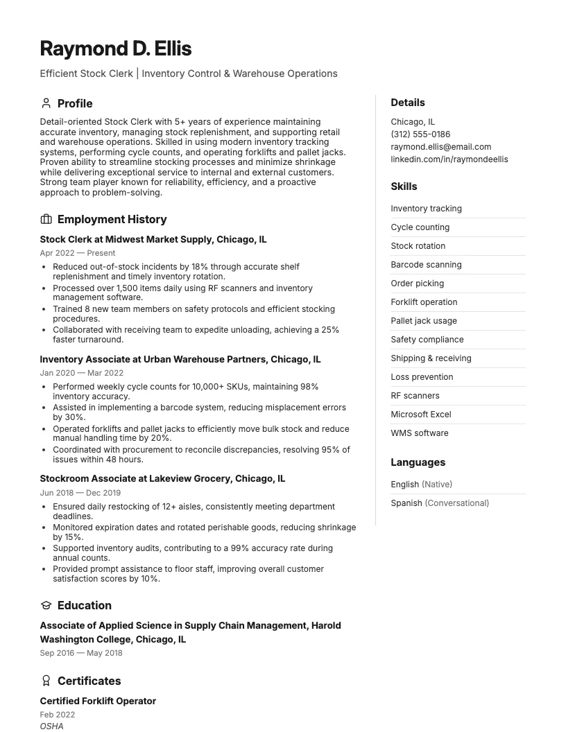 Stock Clerk Resume Example
