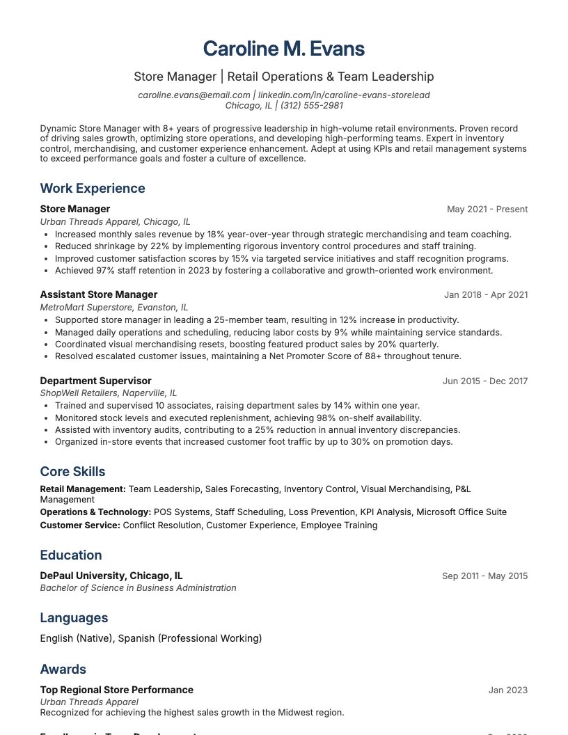 Store Manager Resume Example