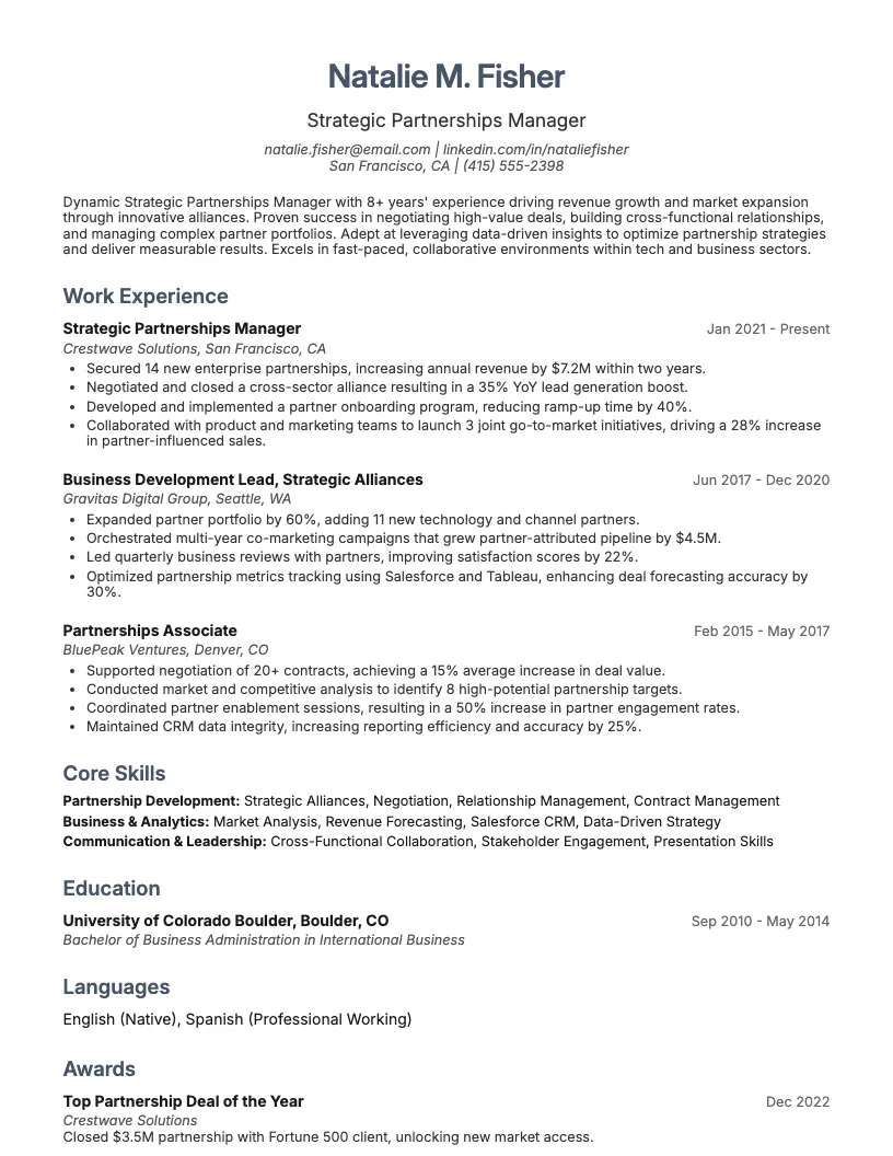 Strategic Partnerships Manager Resume Example