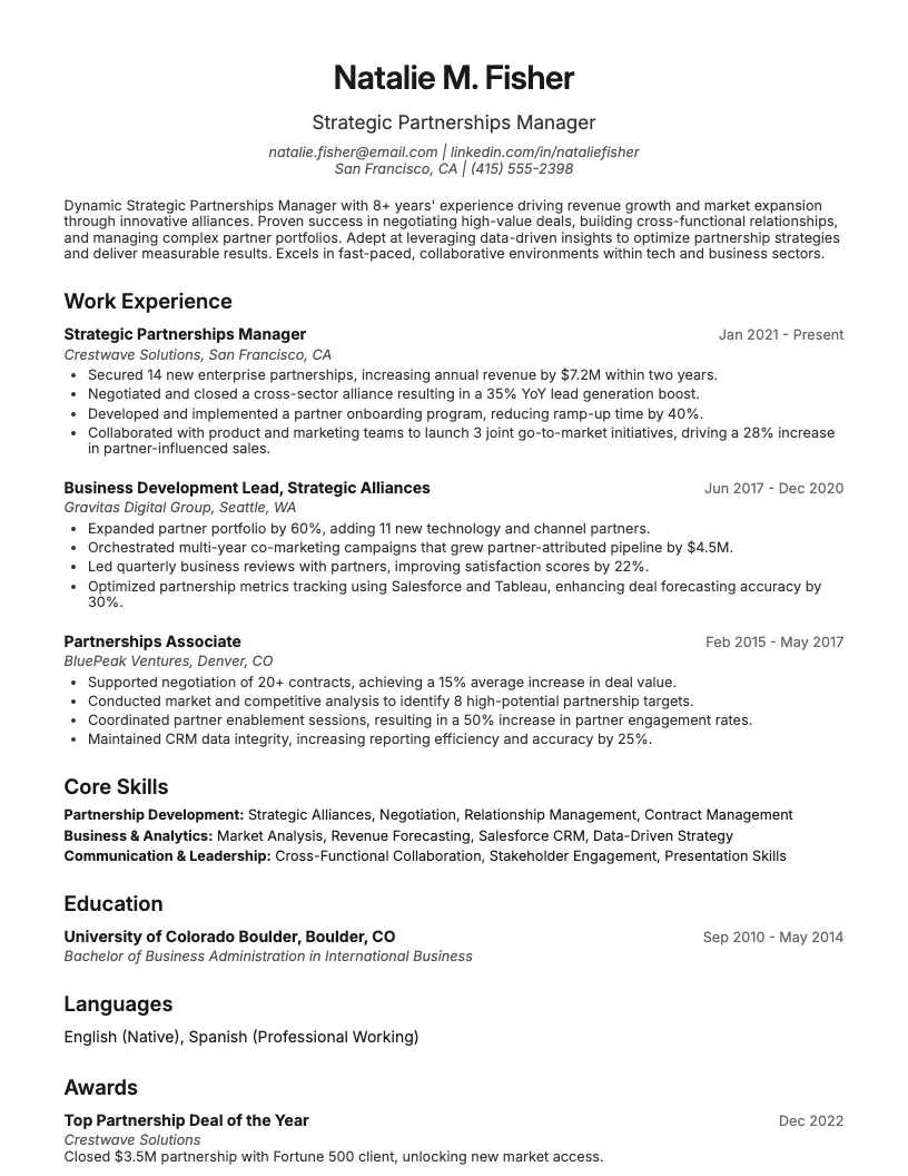 Strategic Partnerships Manager Resume Example
