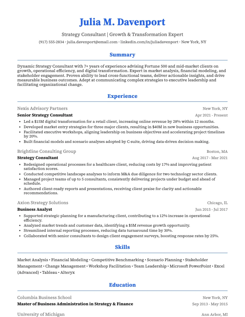 Strategy Consultant Resume Example