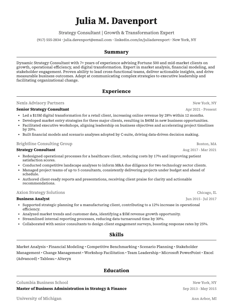 Strategy Consultant Resume Example