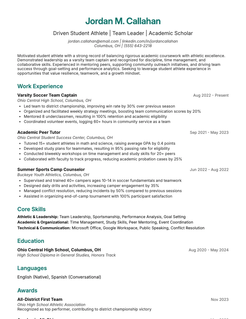 Student Athlete Resume Example
