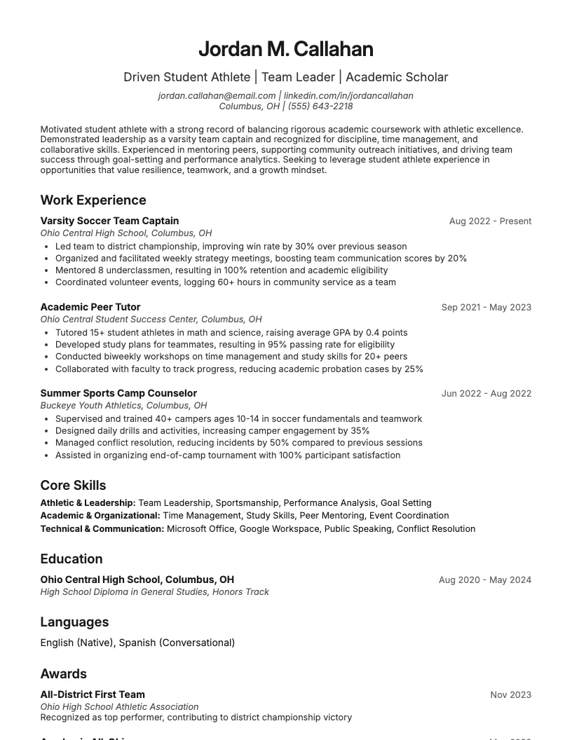 Student Athlete Resume Example