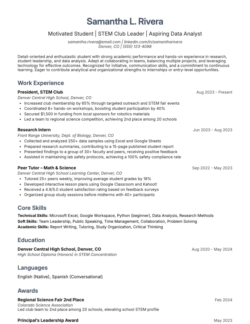 Undergraduate Student Resume Example