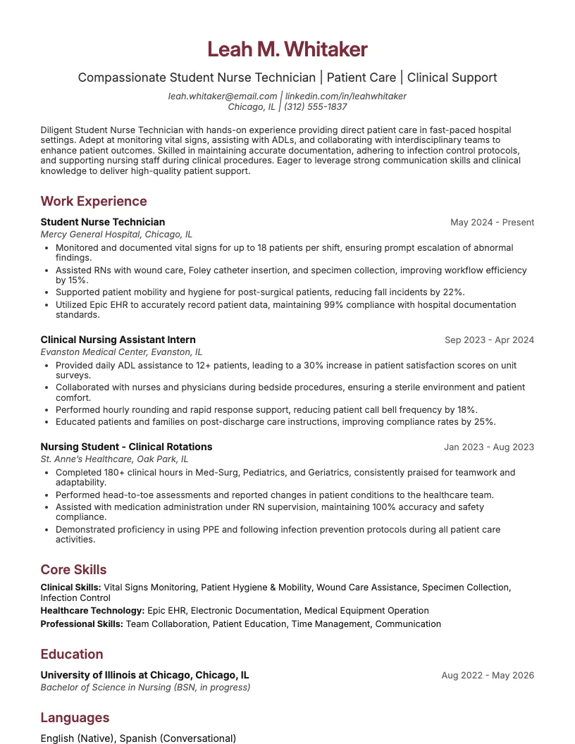 Student Nurse Technician Resume Example