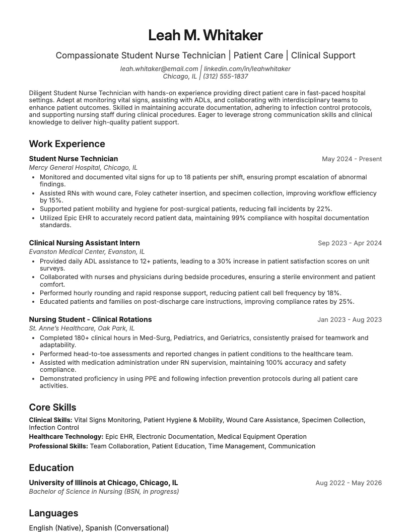 Student Nurse Technician Resume Example
