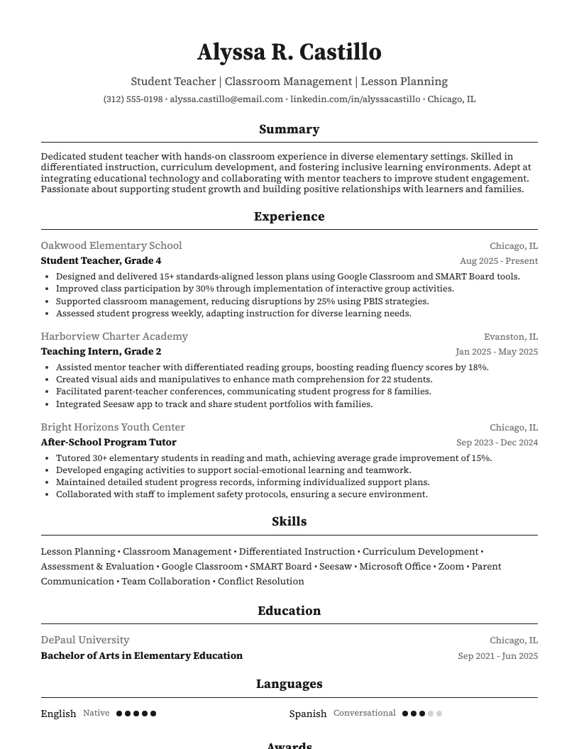 Student Teacher Resume Example