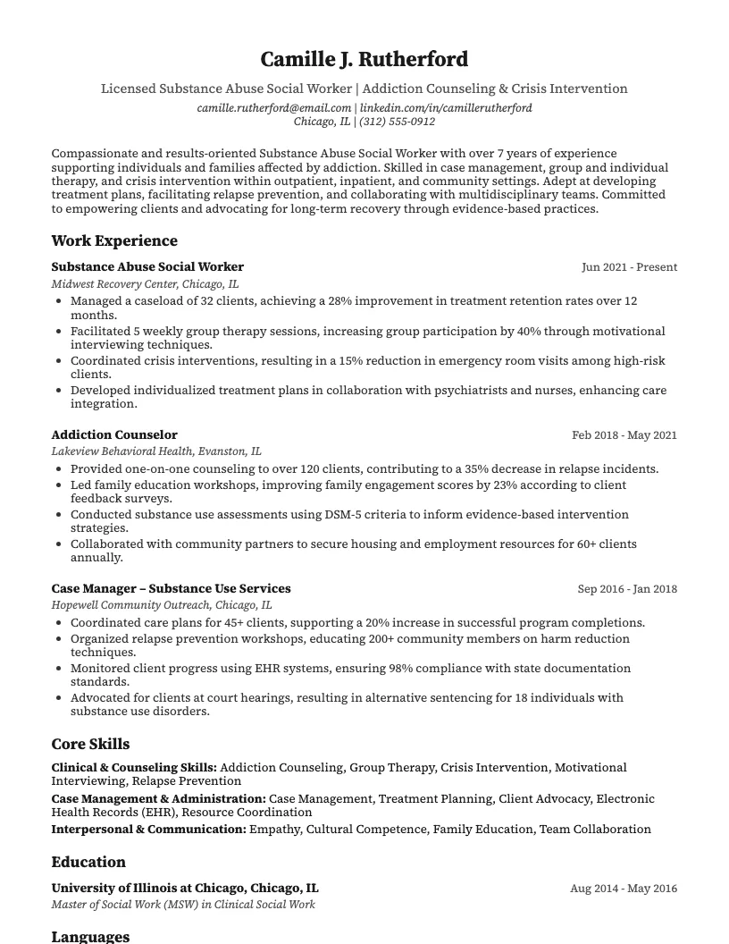 Substance Abuse Social Worker Resume Example