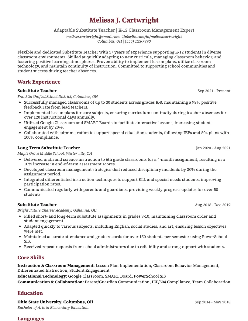 Substitute Teacher Resume Example