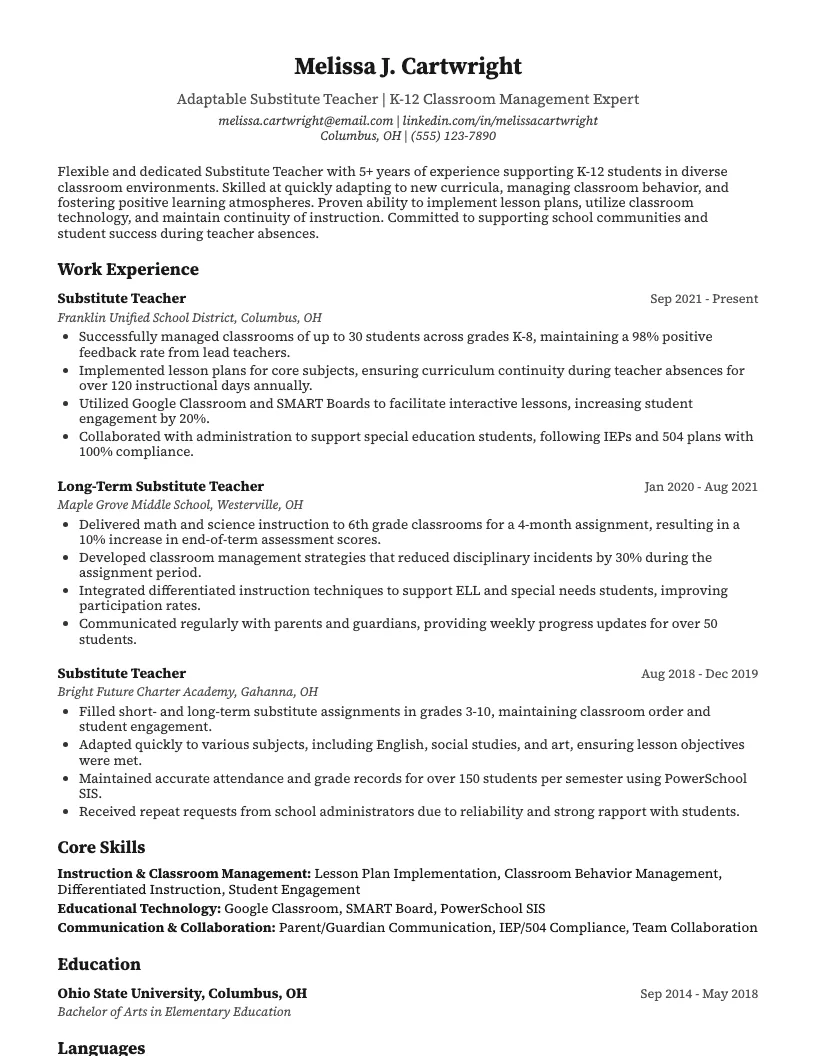 Substitute Teacher Resume Example