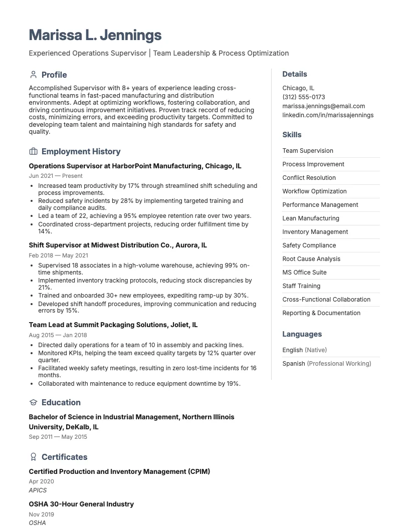 Supervisor Resume Example