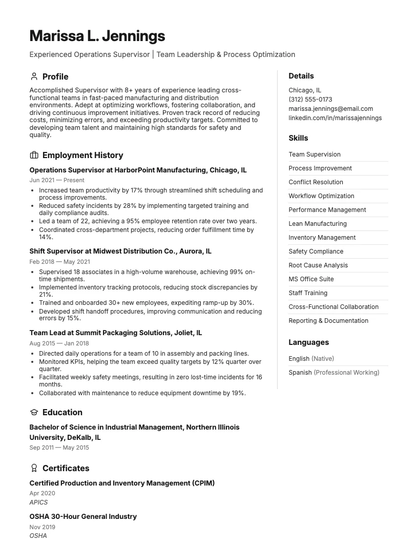 Supervisor Resume Example