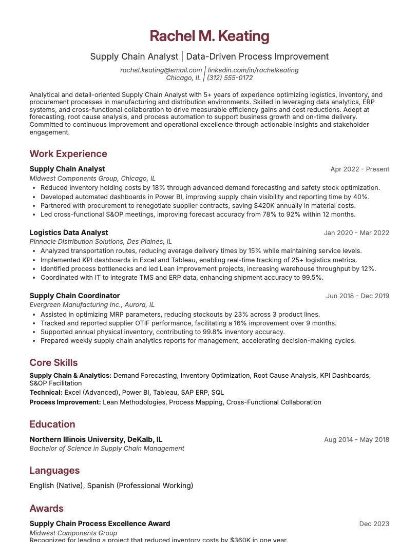 Supply Chain Analyst Resume Example