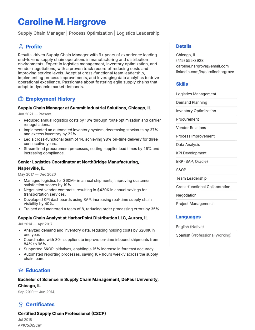 Supply Chain Manager Resume Example