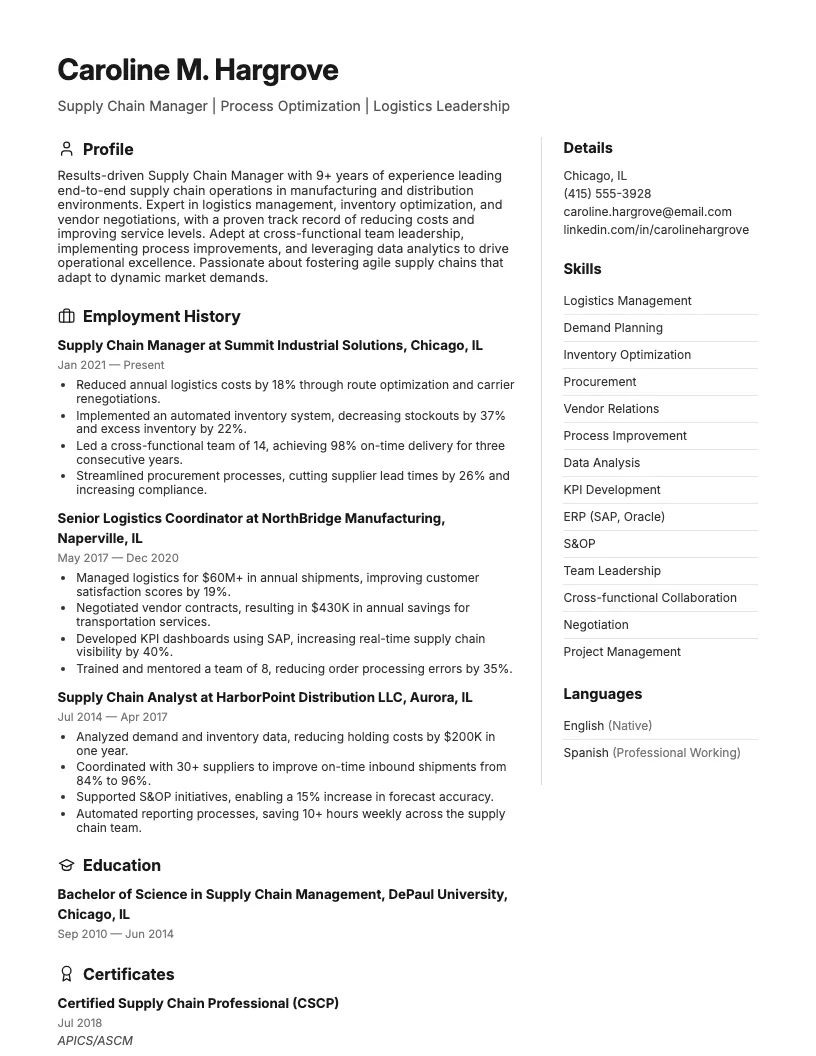 Supply Chain Manager resume example