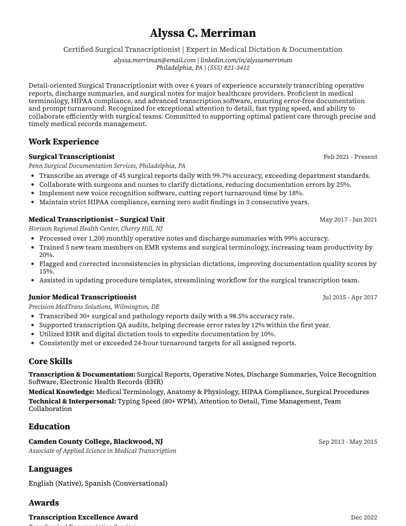 Surgical Transcriptionist Resume Example