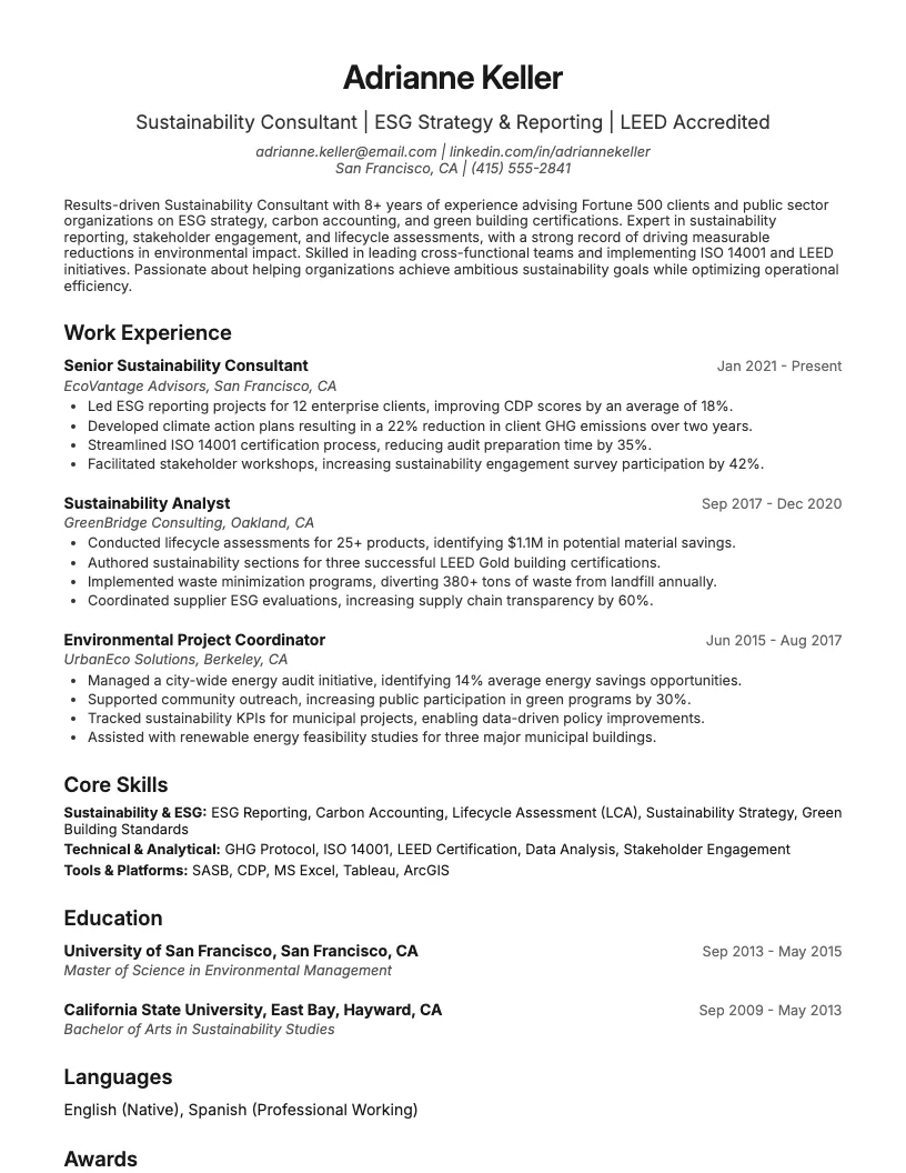 Sustainability Consultant Resume Example