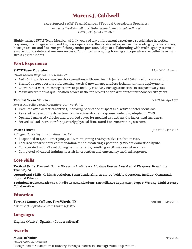 Swat Team Member Resume Example