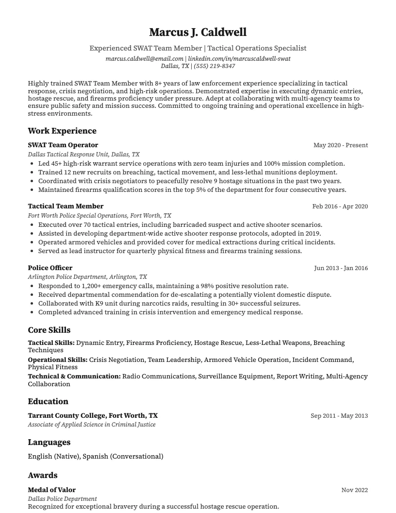SWAT Team Member Resume Example