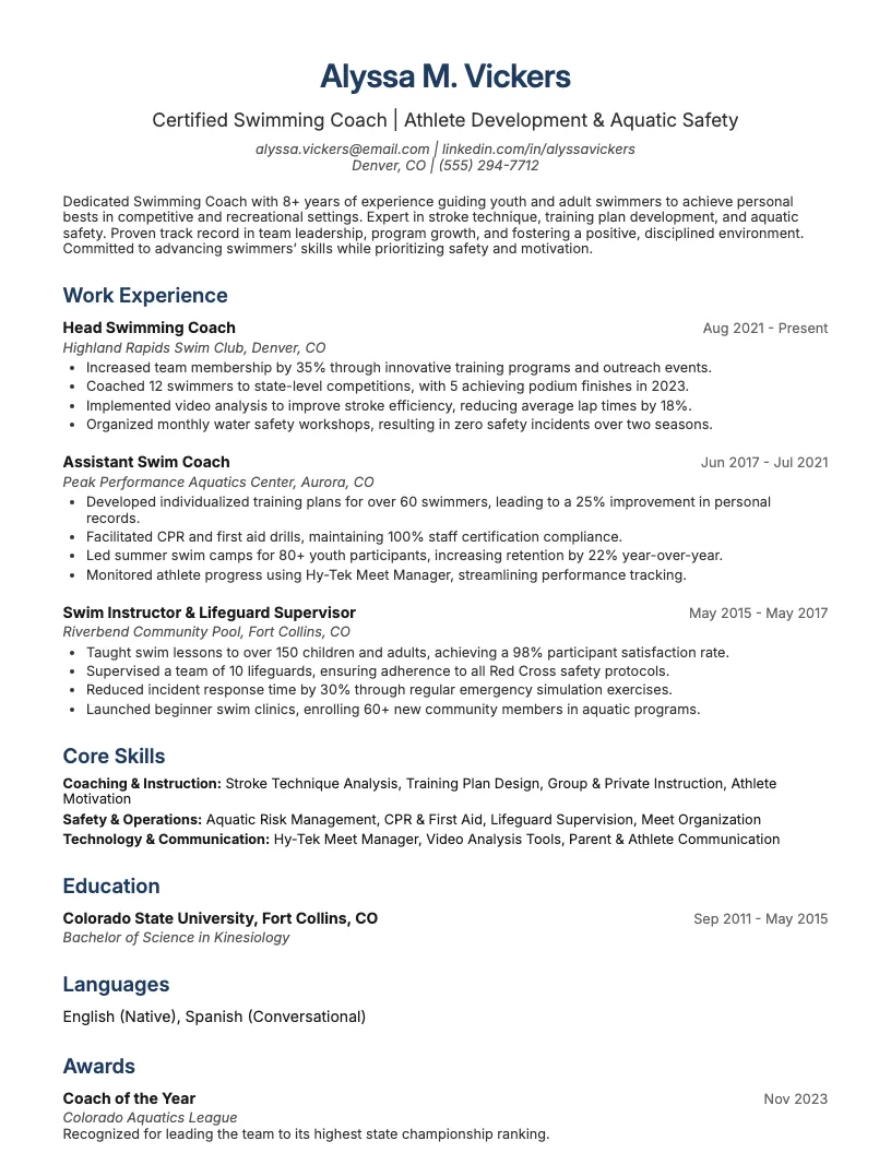 Swimming Coach Resume Example