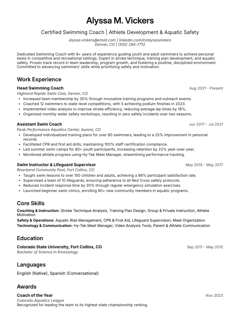 Swimming Coach Resume Example